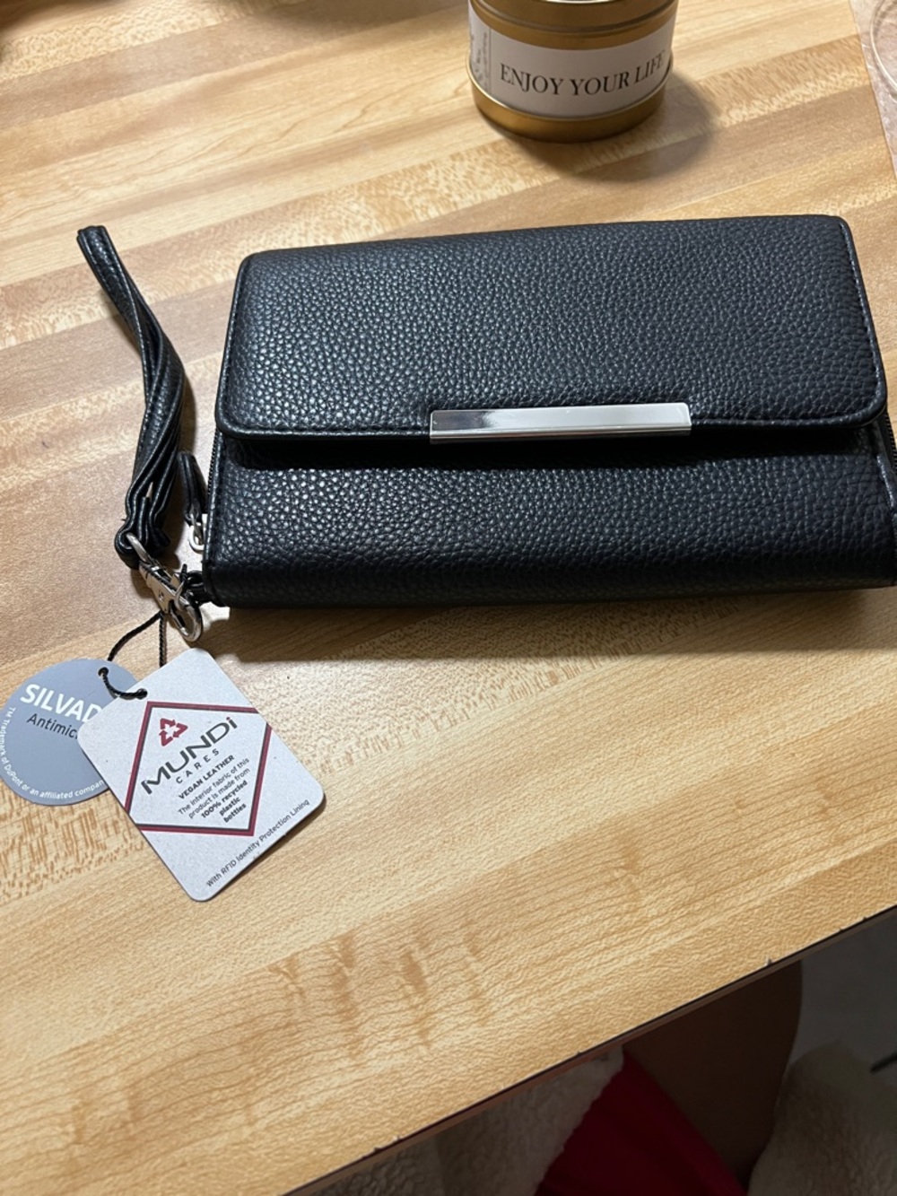 mundi Black Pebbled Wristlet with Silver Bar